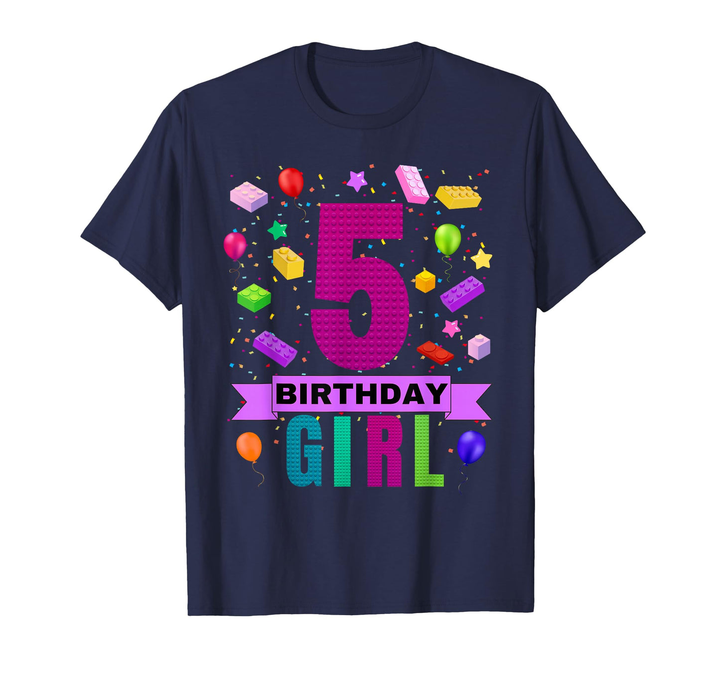 Girl 5 Year Old Building Bricks 5th Birthday Blocks T-Shirt