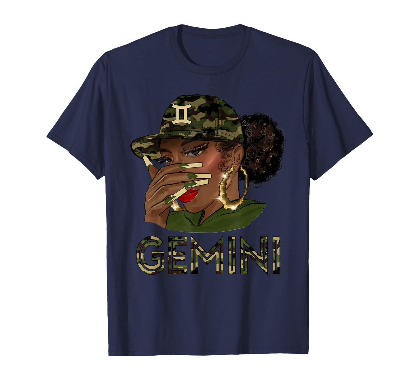 Gemini Queen Black Girl With Cap Camo Afro Woman Zodiac T-Shirt