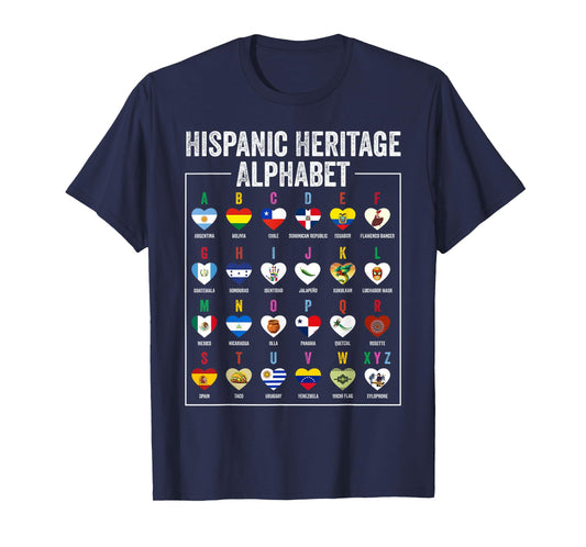 Hispanic Flags Alphabet Hearts Latin Heritage for Teacher T-Shirt