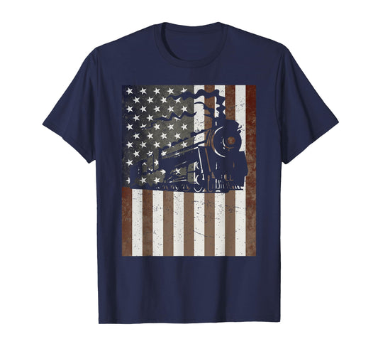 Train Locomotive Engine American Flag Model Builder Vintage T-Shirt