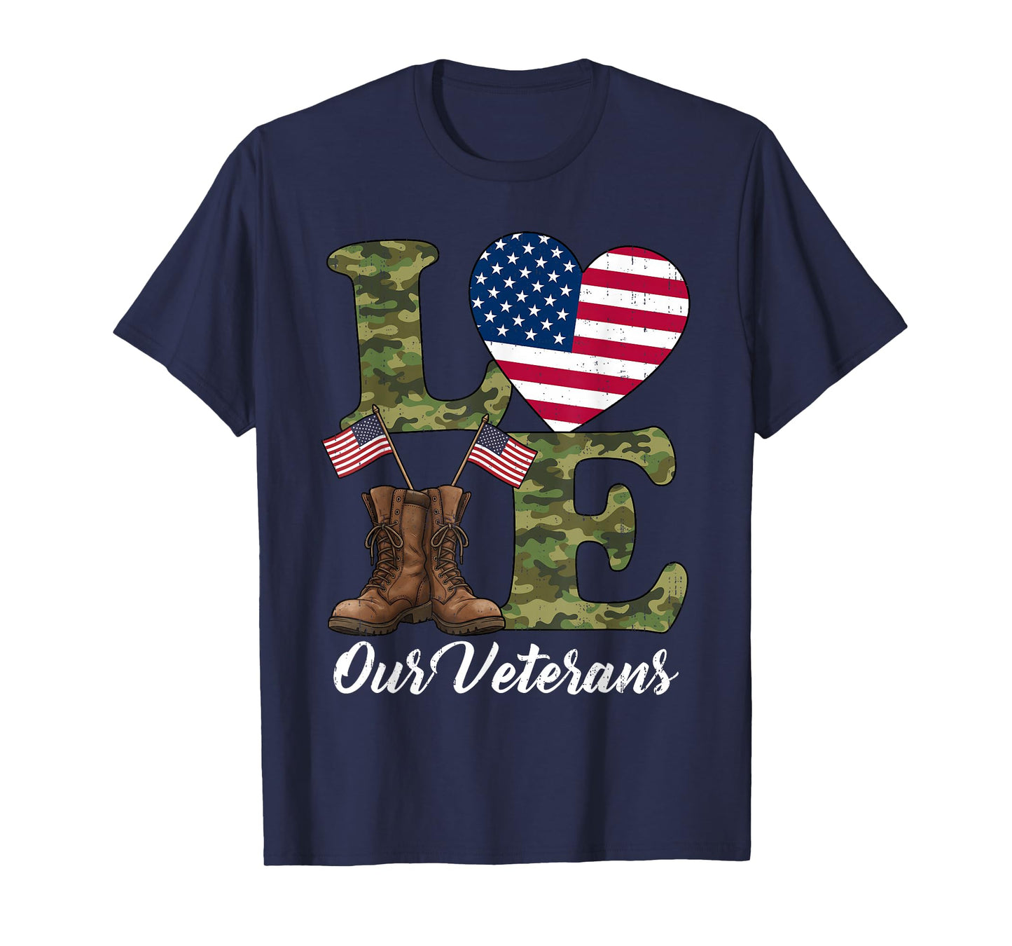 Love Our Veterans USA Flag Heart Patriotic Army Military T-Shirt