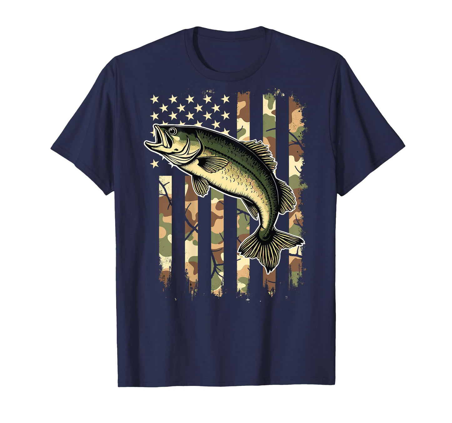 Fishing (on Back) Camouflage USA American Flag Fisherman T-Shirt