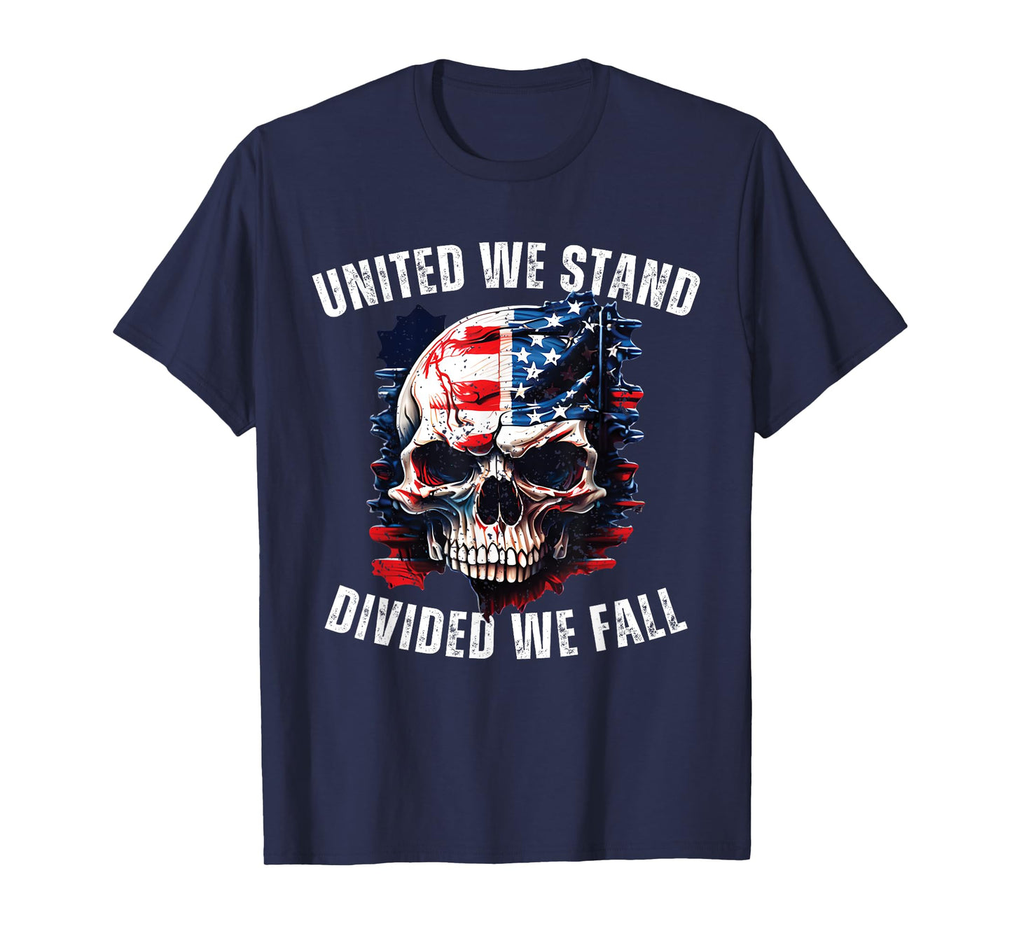 United We Stand Divided We Fall American US Flag Skull T-Shirt