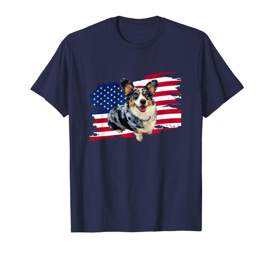 USA Flag 4th of July Fourth Independence Blue Merle Corgi T-Shirt