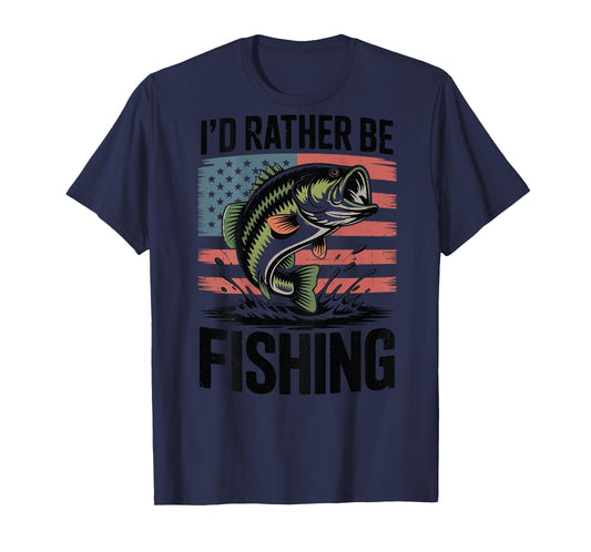 I'd Rather Be Fishing Bass Fish Dad Joke Gift American Flag T-Shirt