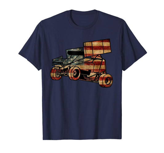 Sprint Car Racing Dirt Track Vintage Looking American Flag T-Shirt