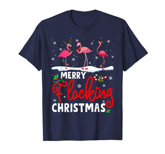 Merry Flocking Christmas Reindeer Santa ELF Flamingo Xmas T-Shirt