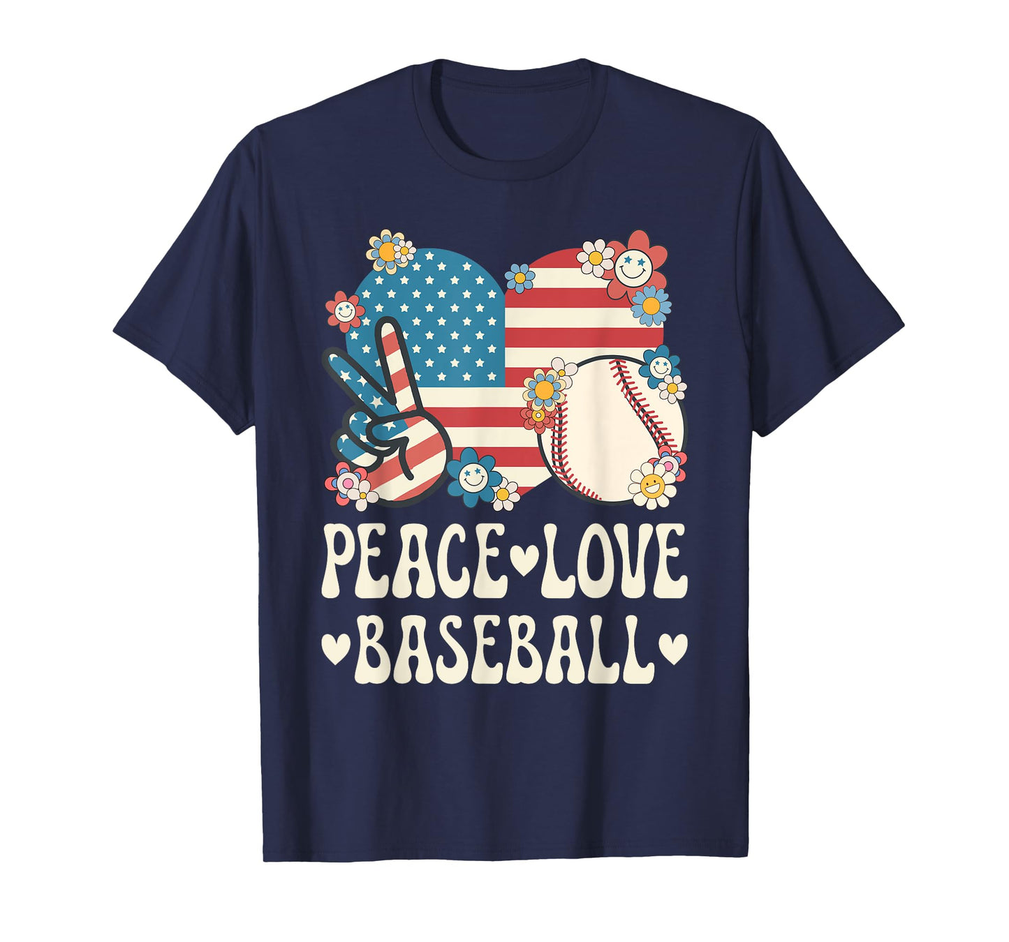 Peace Love Baseball Lover American Flag Patriotic Baseball T-Shirt