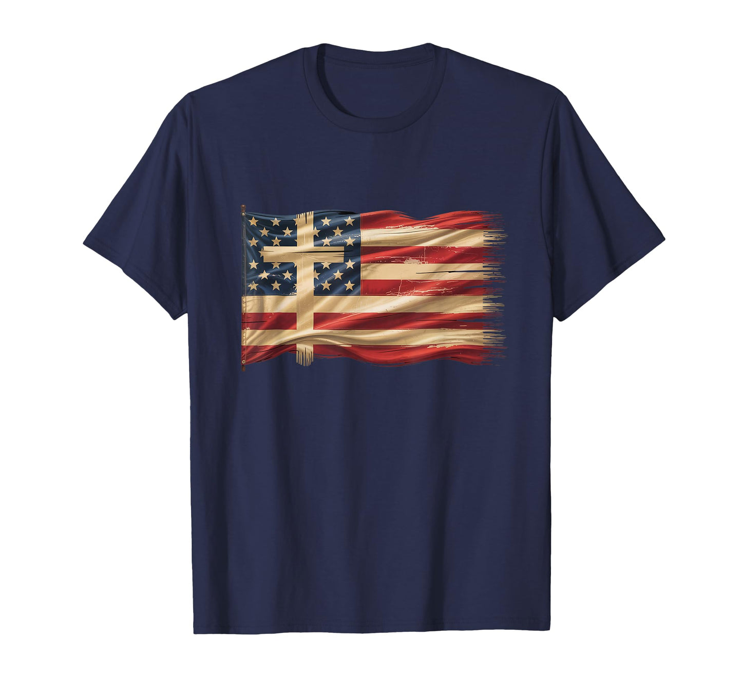 Distressed USA Flag with Christian Cross Faith Art T-Shirt