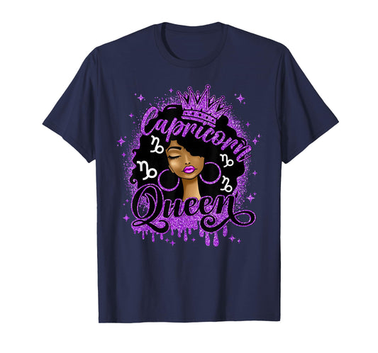 Capricorn Queen Curly Afro Women Birthday Zodiac Sign T-Shirt