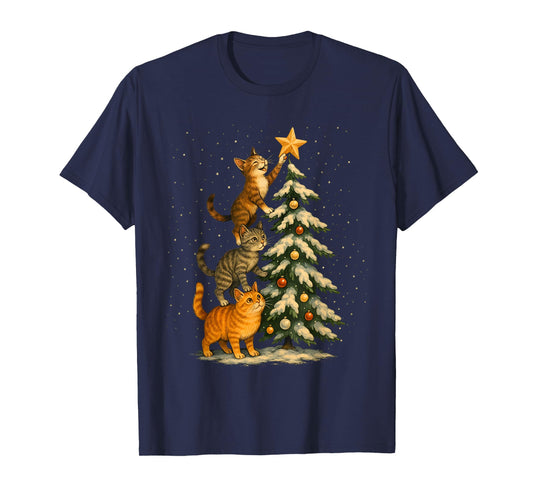 Cute and Funny Cats Putting Star on Tree Christmas Cat T-Shirt