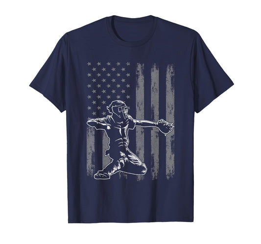 Baseball Catcher Shirt for Boys Men, Baseball USA Flag T-Shirt
