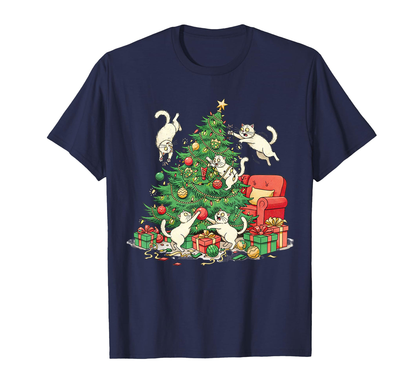 Funny Cat Christmas Tree Chaos Festive Holiday Art T-Shirt
