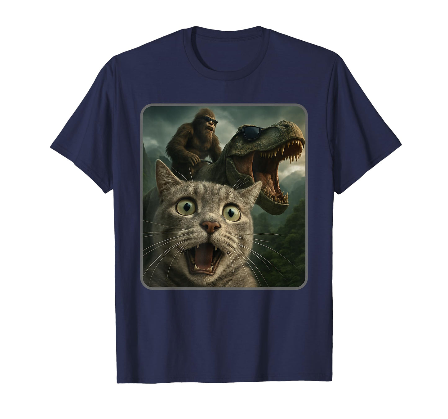 Funny Cat Selfie with Bigfoot Riding T-Rex Meme T-Shirt