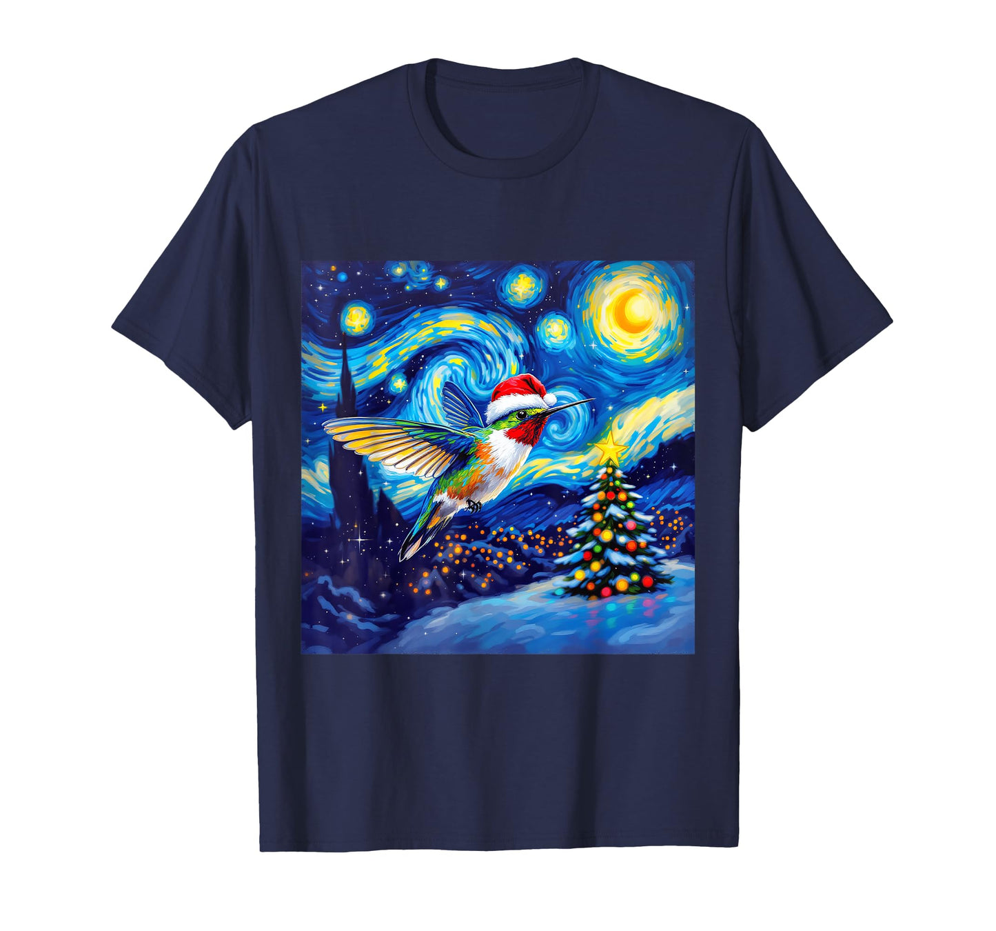Christmas Hummingbird Santa Hat Van Gogh Starry Night T-Shirt