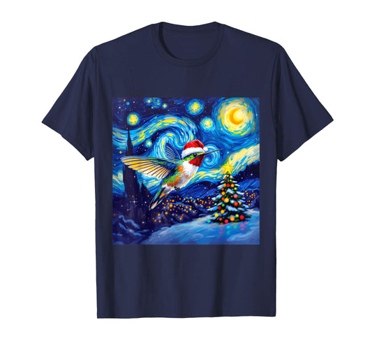 Christmas Hummingbird Santa Hat Van Gogh Starry Night T-Shirt