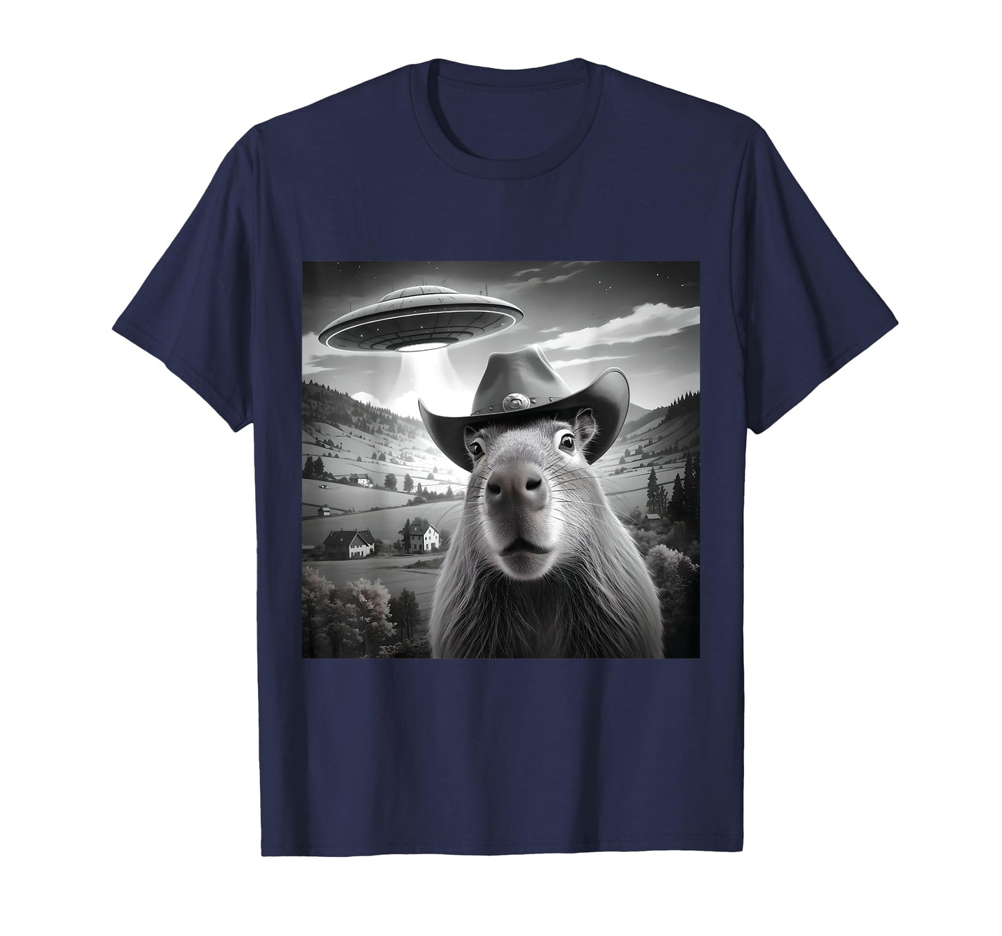 Funny Capybara Selfie Wearing Cute Hat With UFOs Weird T-Shirt