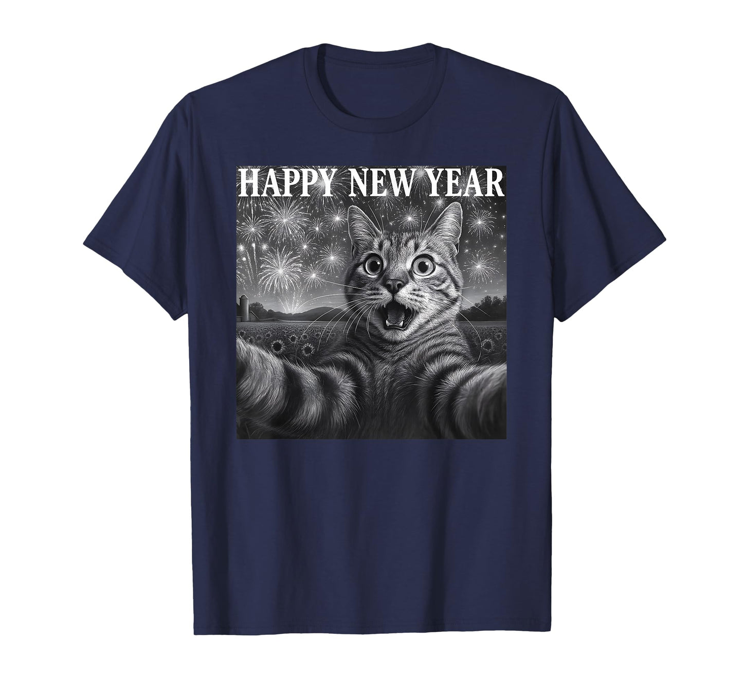Cat Selfie with Firework Funny Cat Happy New Year Men Women T-Shirt