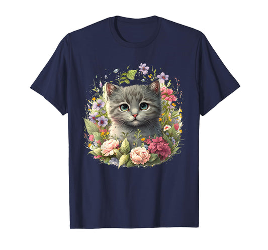 Adorable Cat, Cute Kitten Floral T-Shirt