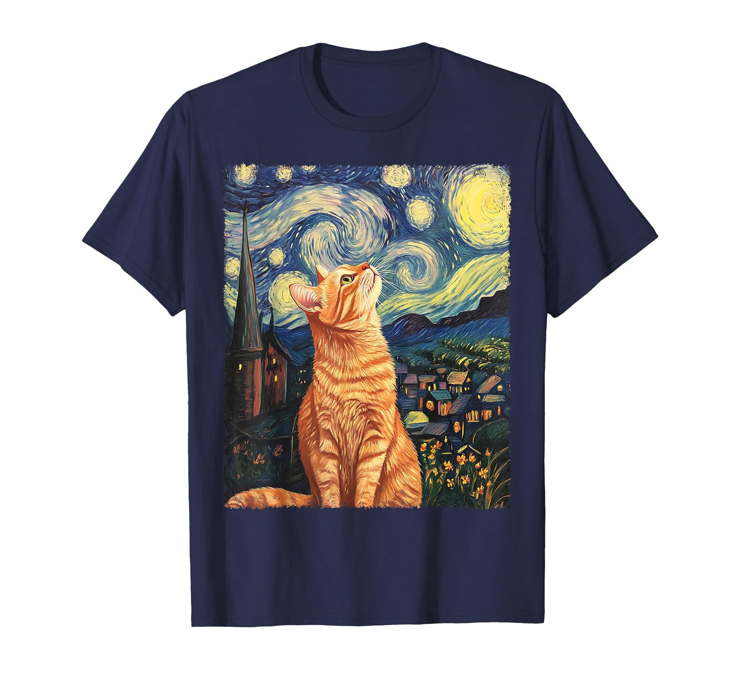 Modern Art Painting Van Gogh Starry Night Tabby Cat T-Shirt