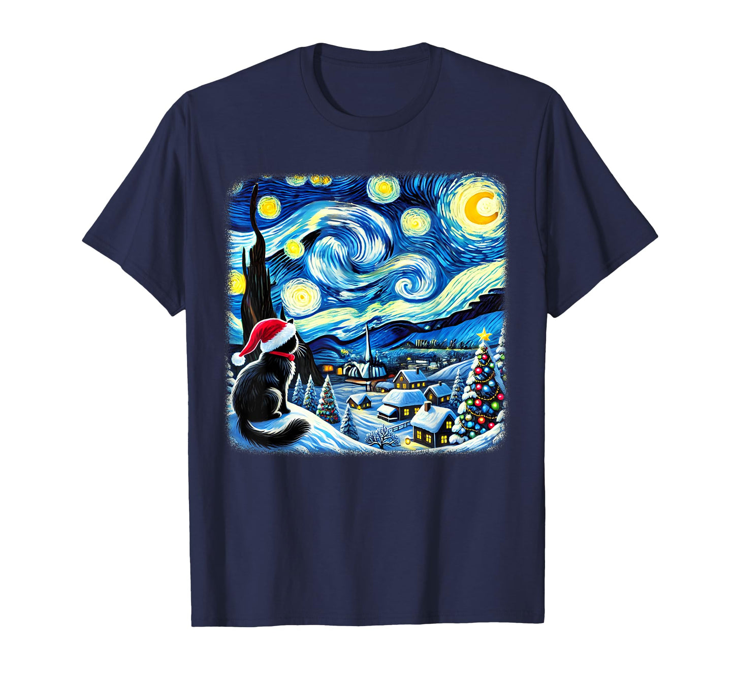 Christmas Van Gogh Starry Night Black Cat Santa Hat Xmas T-Shirt for Men Women Kids