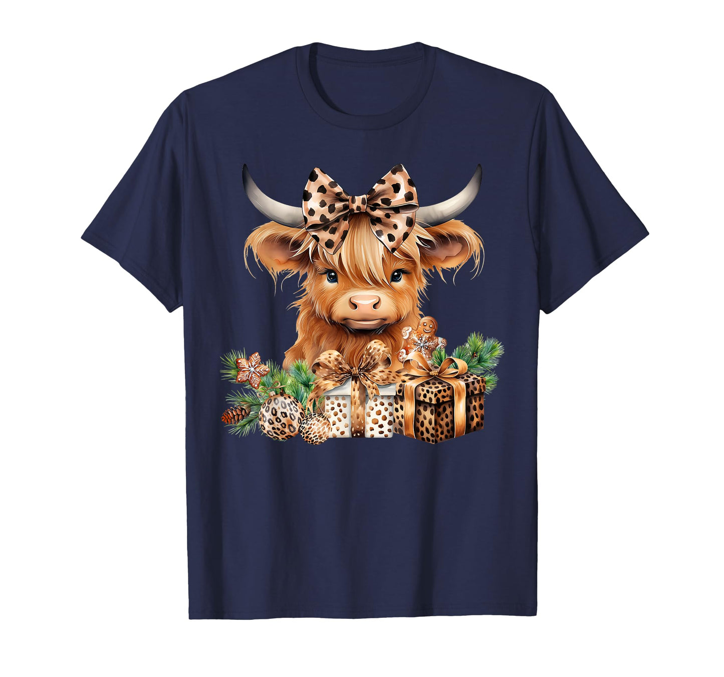 Baby Highland Cow Merry Christmas Leopard Cute Cow Farmer T-Shirt