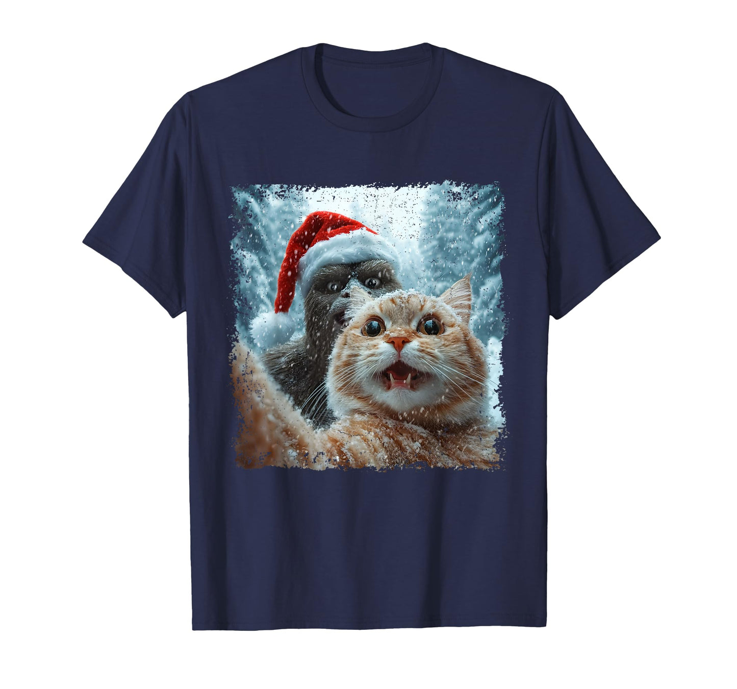 Funny Bigfoot and Cat Christmas Selfie Design T-Shirt