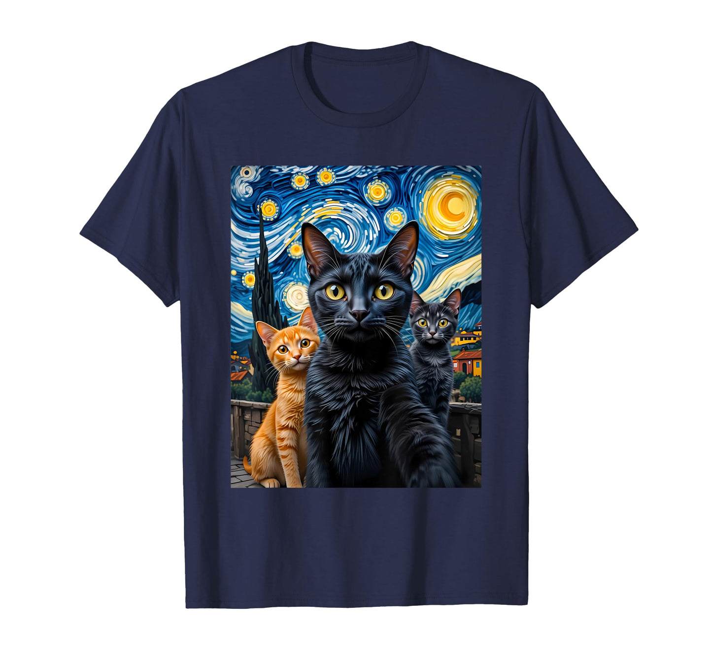 Cat Selfie Van Gogh Funny Black Cat Starry Night Men Women T-Shirt