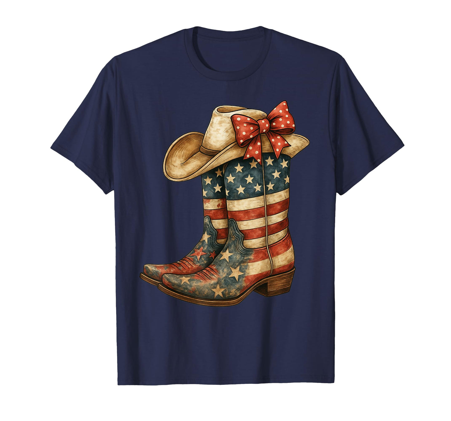 Retro Western Cowboy Boots Cowgirl American Flag 4th of July T-Shirt
