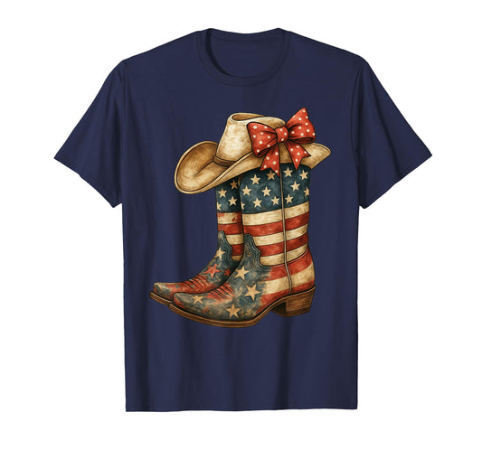 Retro Western Cowboy Boots Cowgirl American Flag 4th of July T-Shirt
