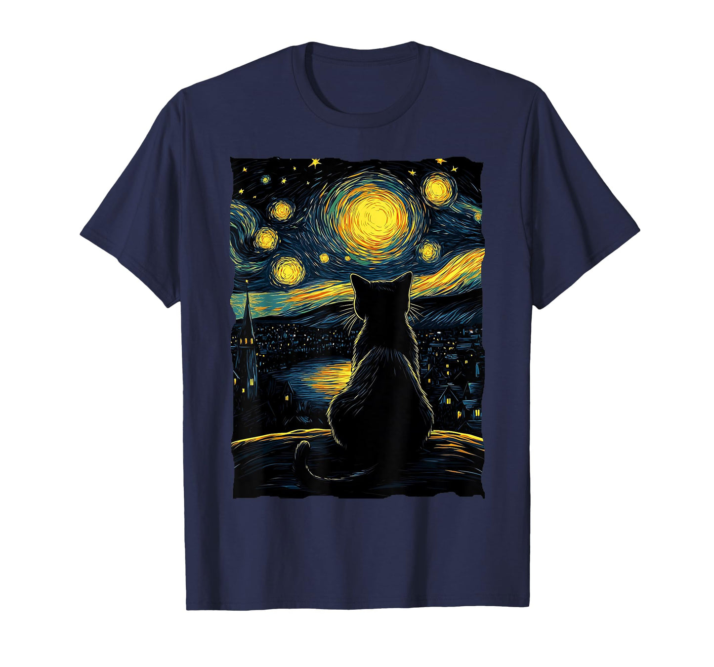 Black Cat Lover Starry Night Vincent van Gogh T-Shirt