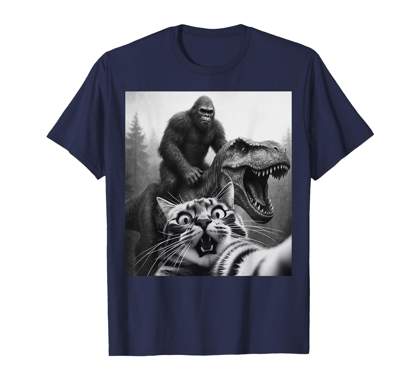 Funny Cat Selfie with Bigfoot Riding Dinosaur T-rex T-Shirt