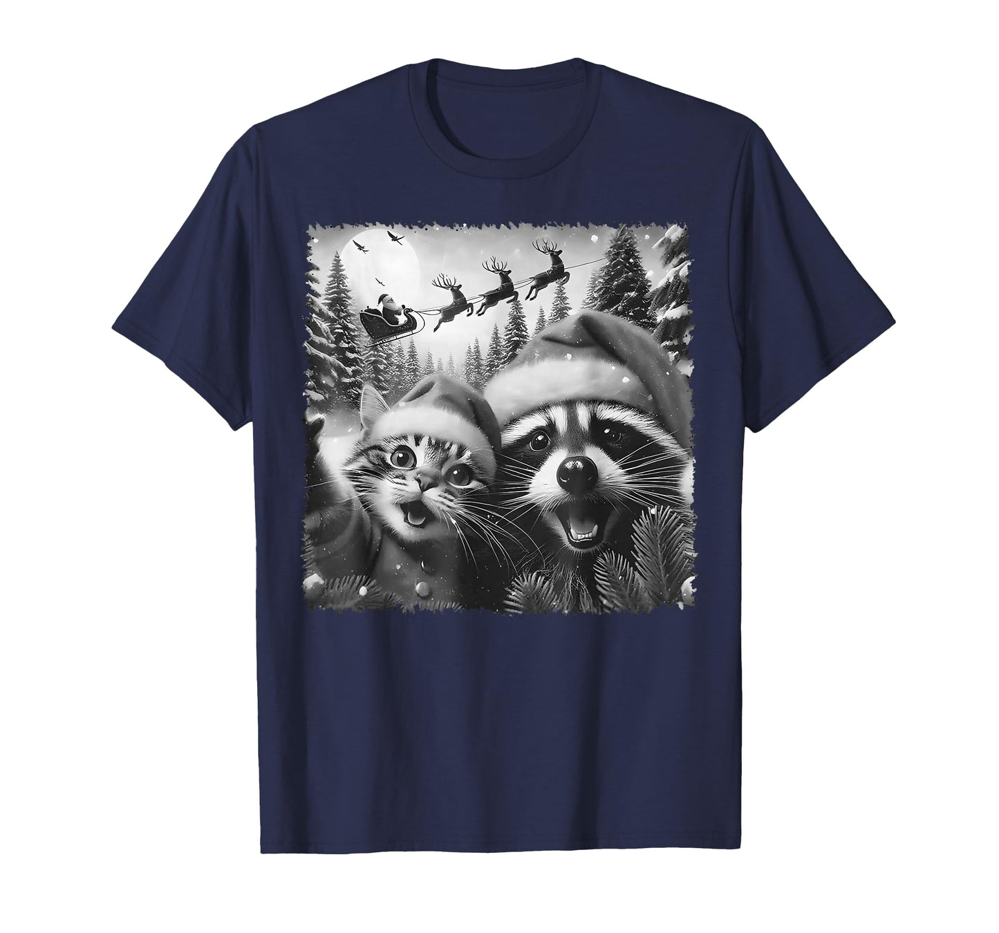 Funny Cat Raccoon Selfie with Santa Christmas Men Women Kids T-Shirt
