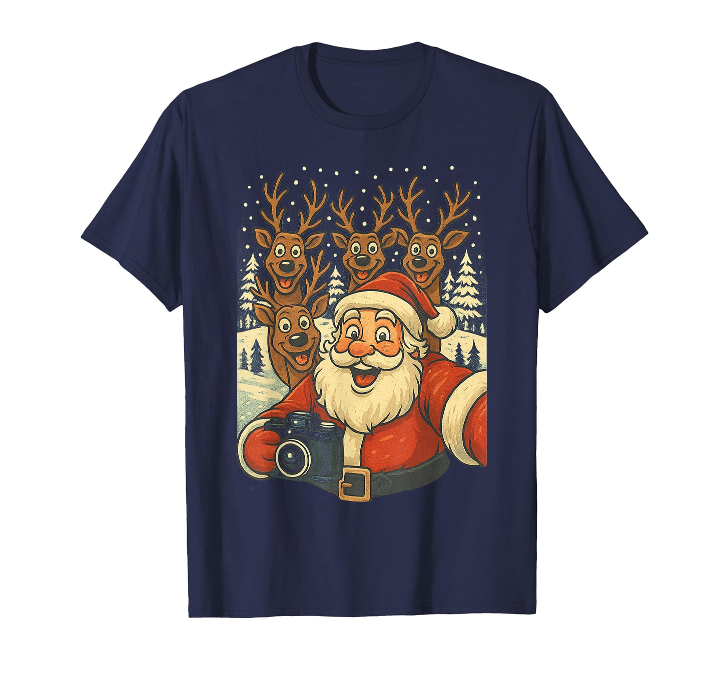 Retro Santa Reindeers Selfie Christmas Shirt Men Women Kids T-Shirt