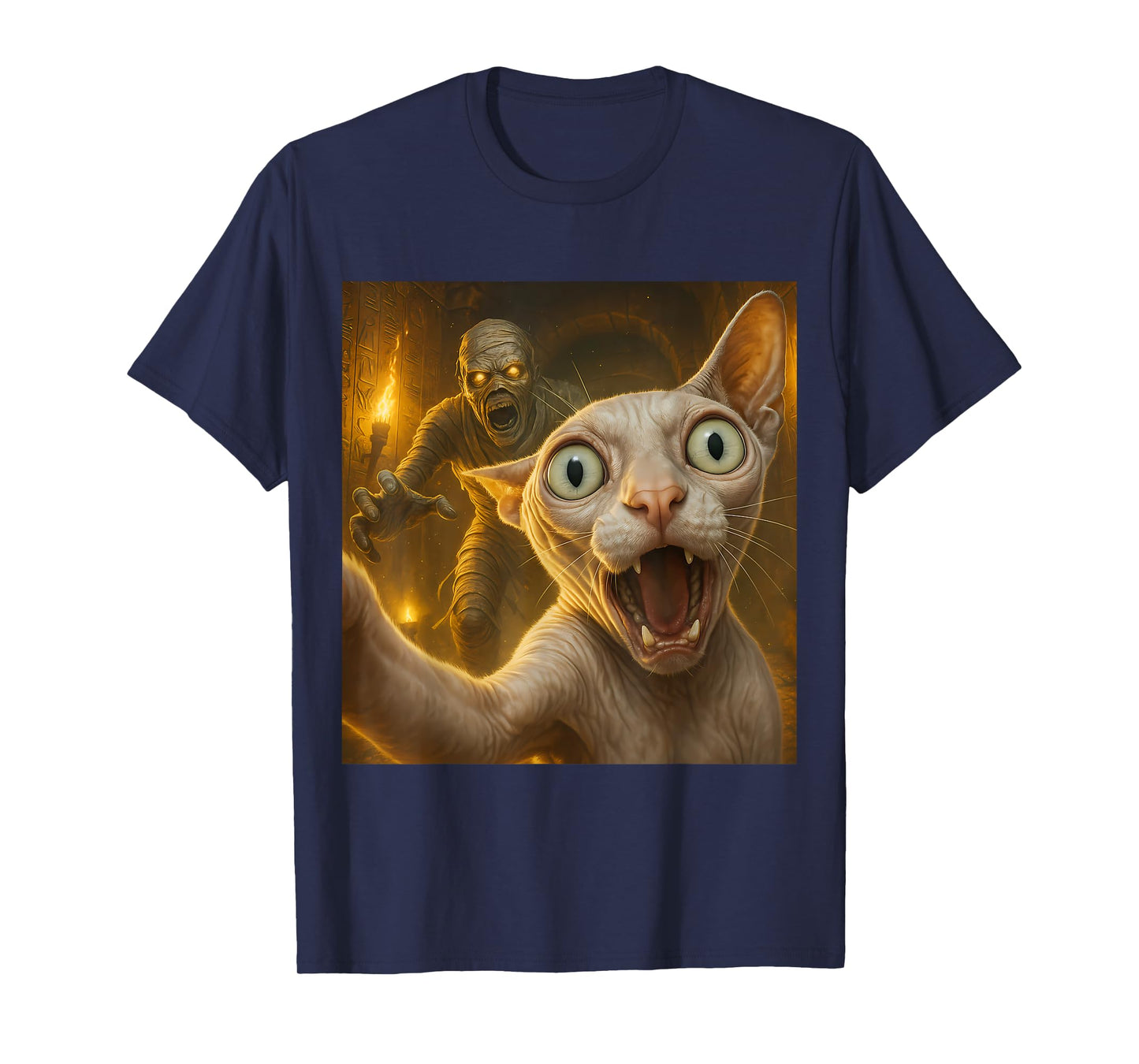 Sphynx Cat Selfie Funny Spooky Mummy Ghost Egyptian Tomb T-Shirt
