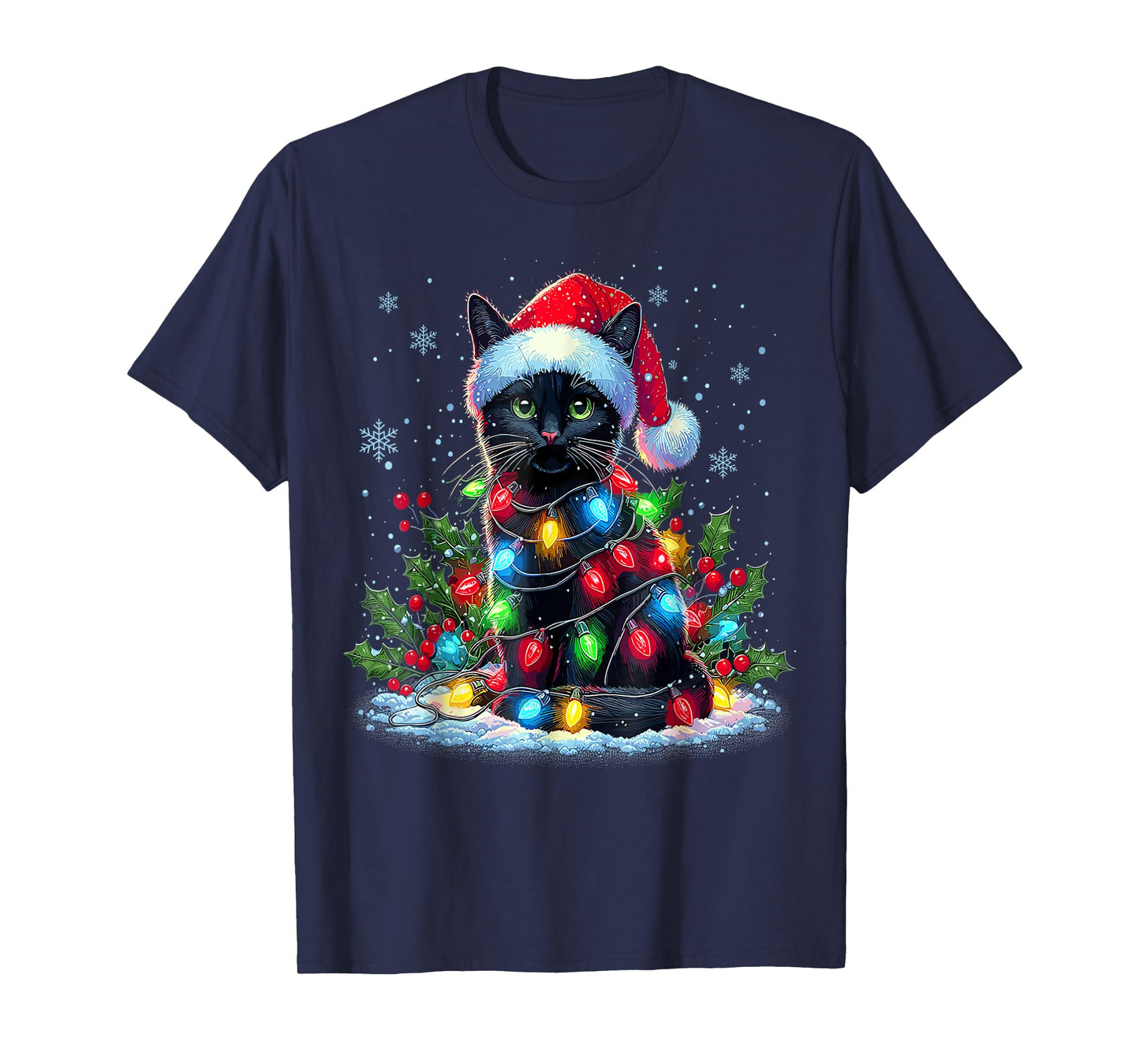 Funny Black Cat Wrapped in Christmas Lights Festive Art T-Shirt