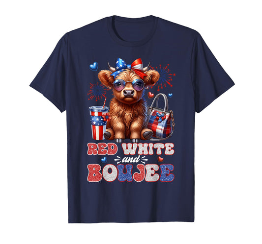 Cute Red White And Boujee Highland Cow 4th Of July Patriotic T-Shirt