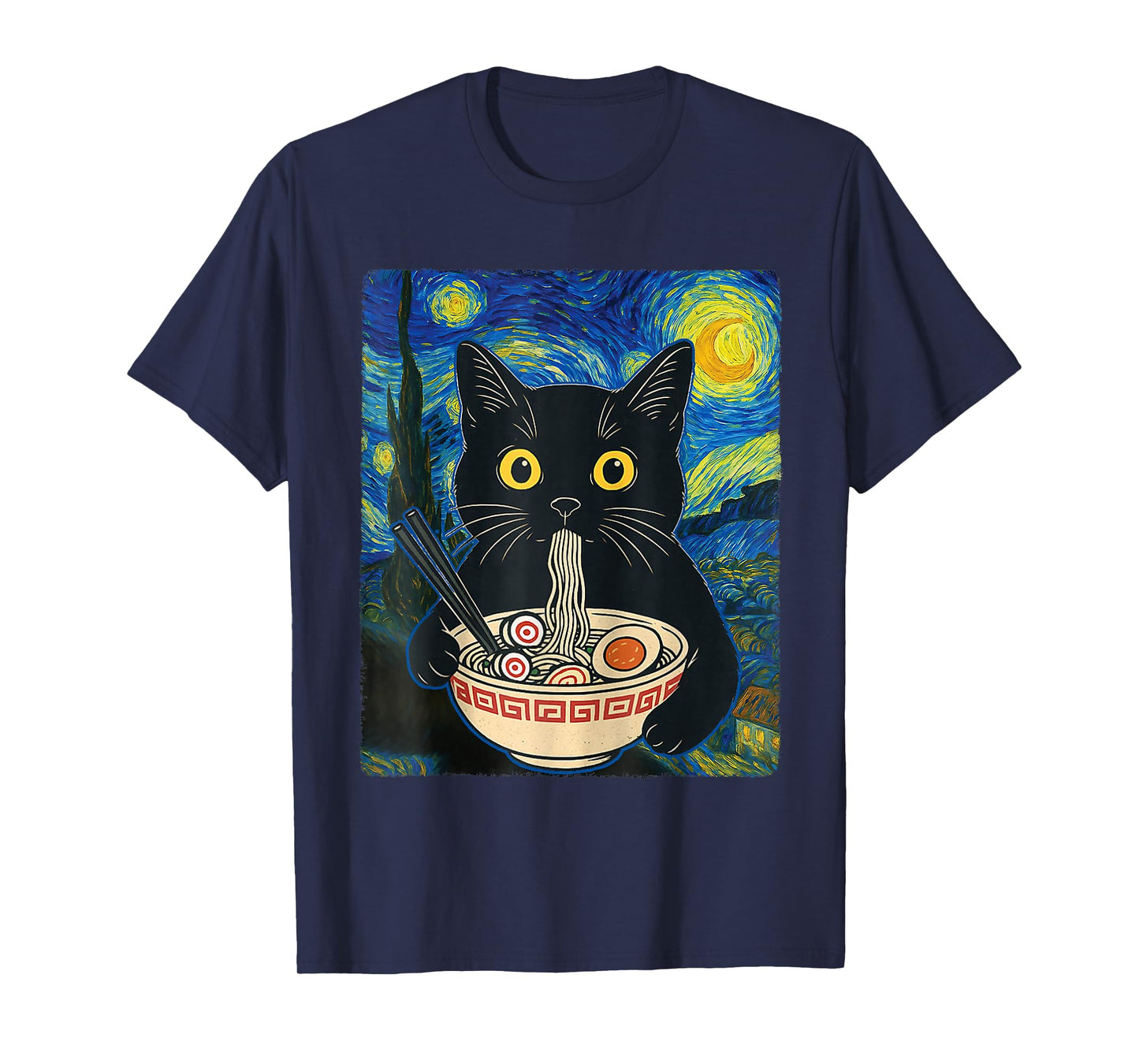 Cat Ramen Van Gogh Funny Japanese Graphic Tees Cat Anime T-Shirt