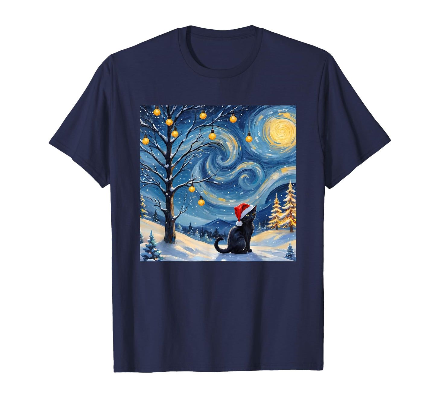 Christmas Van Gogh Starry Night Black Cat Santa Hat Vintage T-Shirt for Men Women Kids