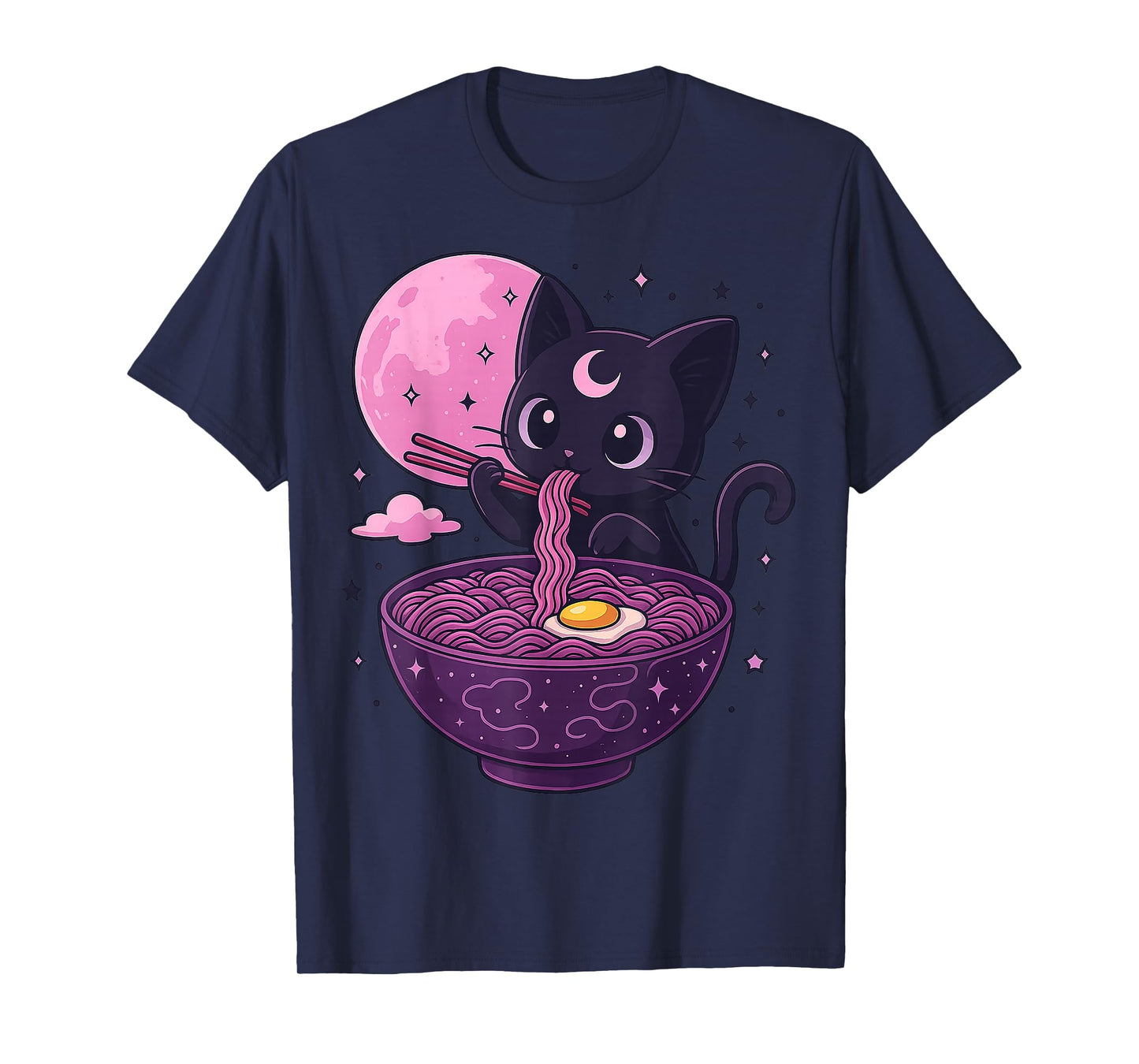 Kawaii Pastel Goth Cat Eating Ramen Under Moon Japanese T-Shirt