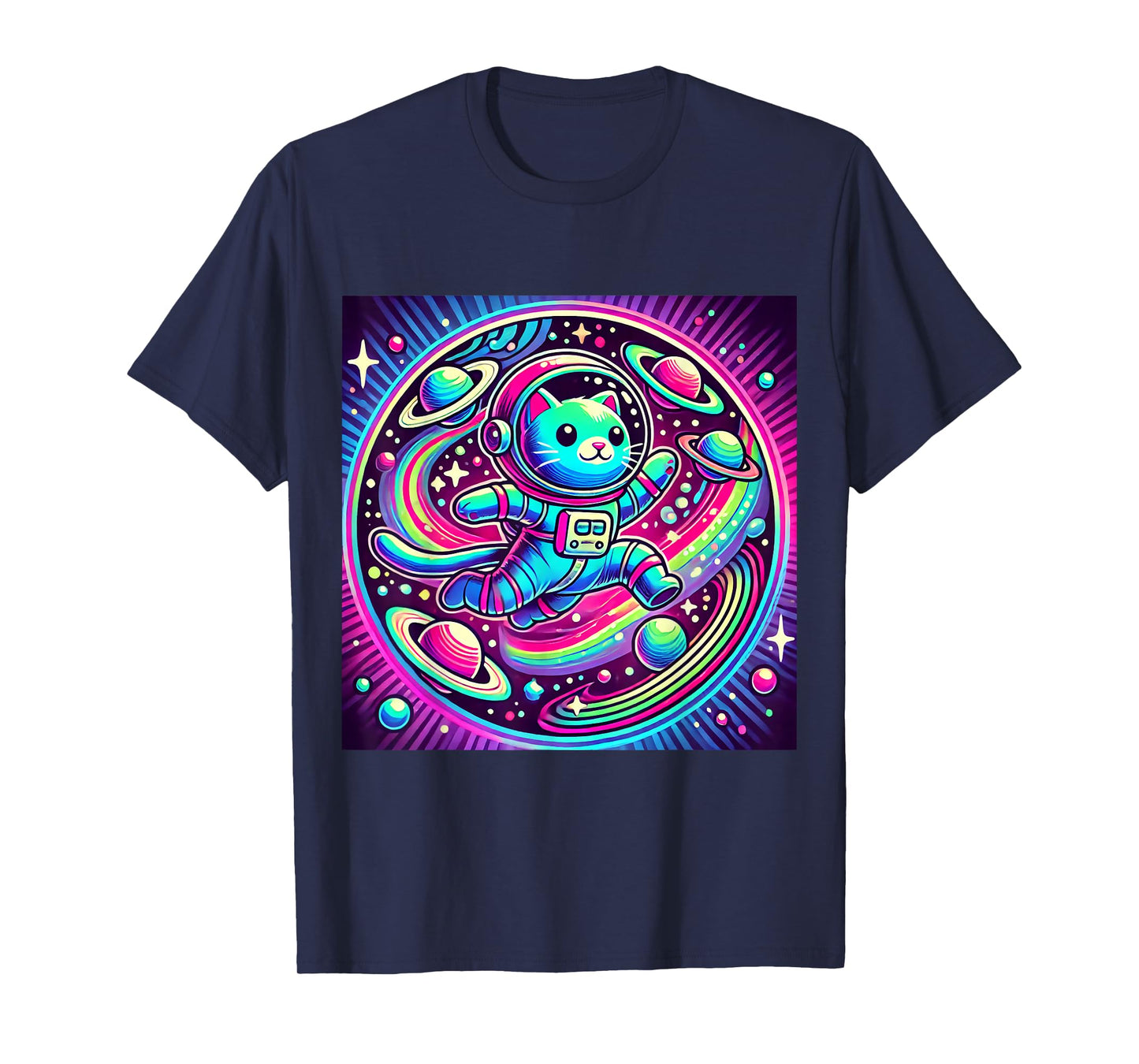 Astronaut Cat Flying Through a Neon Galaxy T-Shirt
