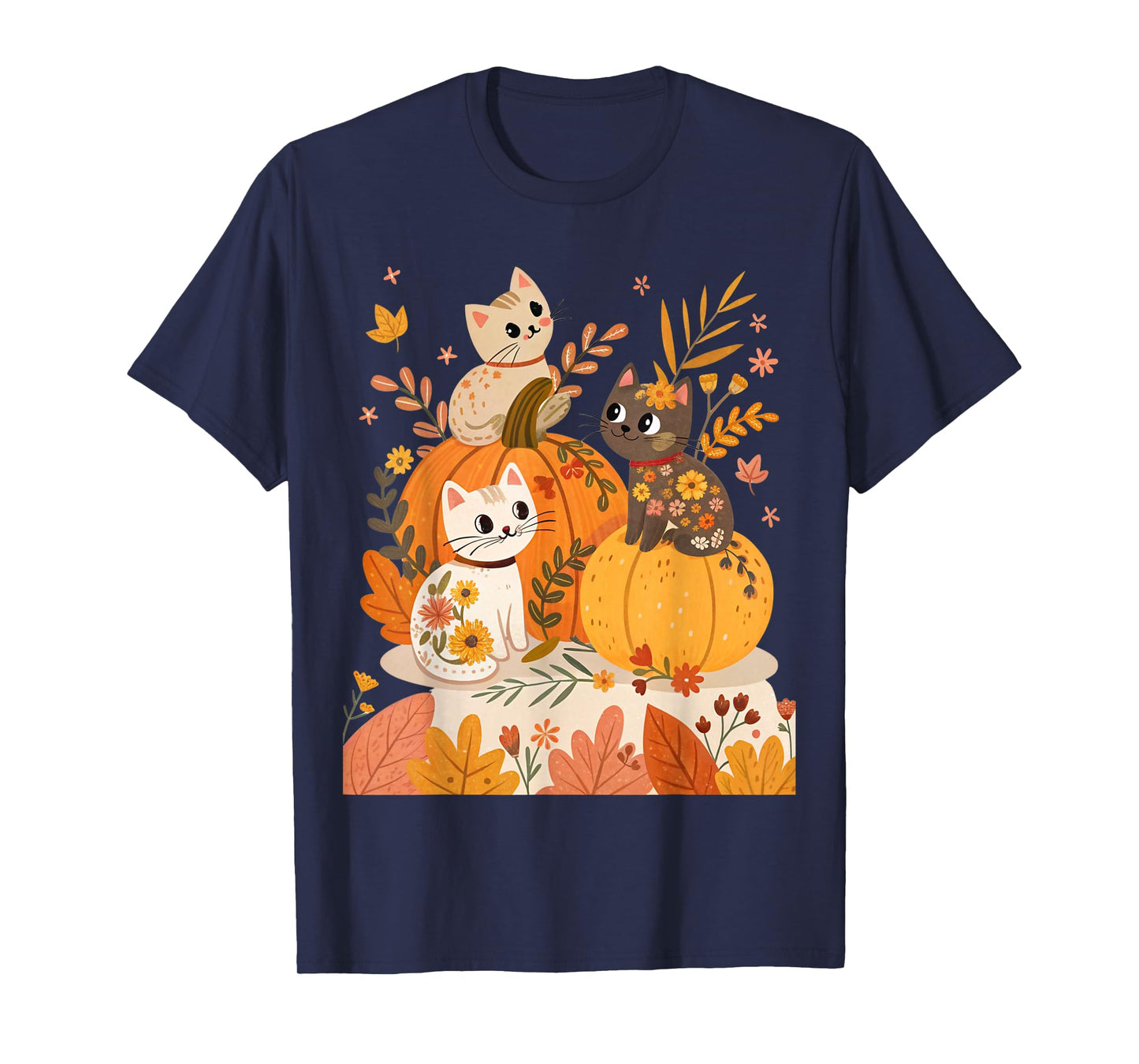 Cute Halloween Cats with Pumpkins Retro & Fall Flower Floral T-Shirt