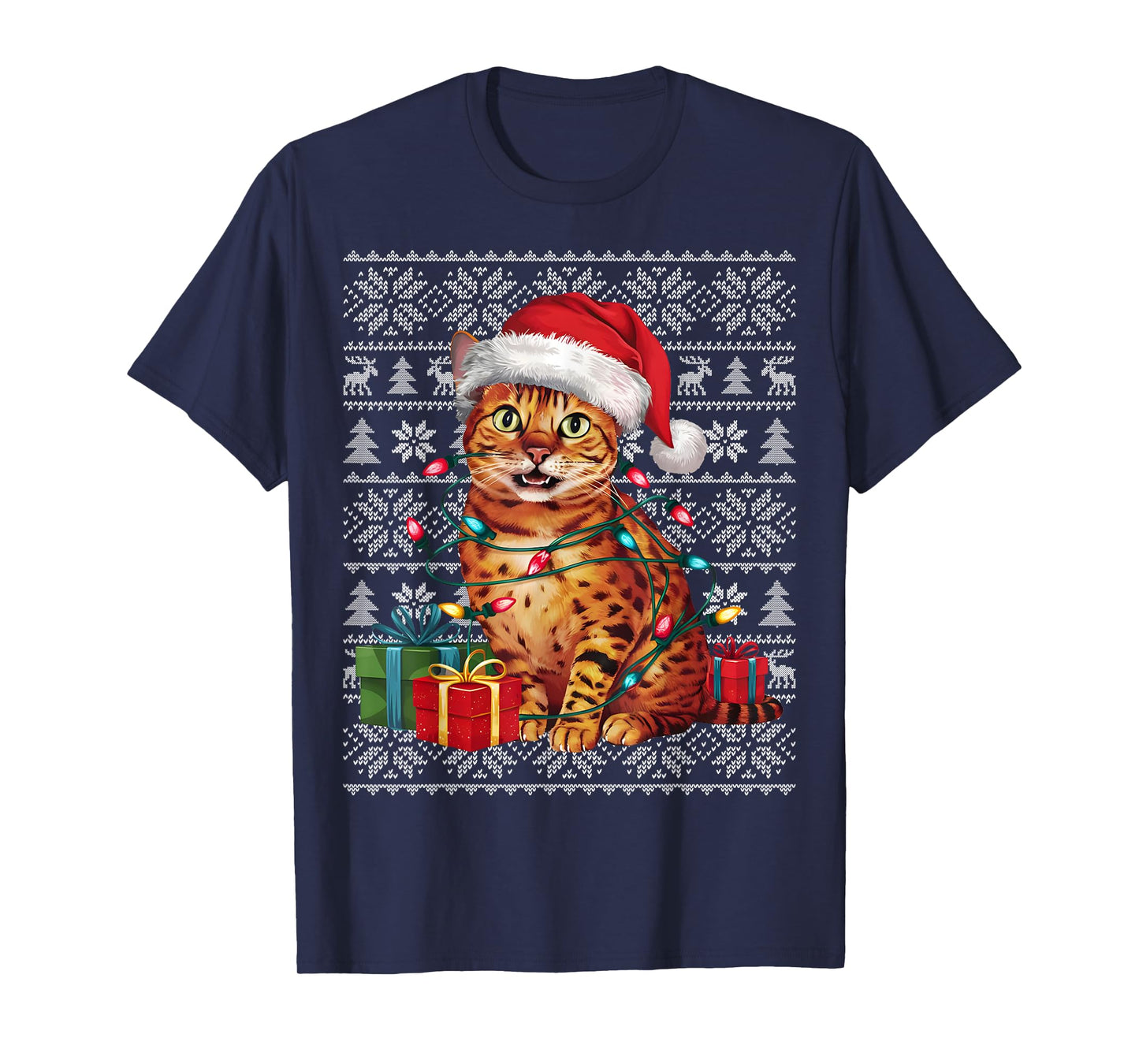 Xmas Sweater Style Ugly Santa Hat Bengal Cat Christmas T-Shirt for Men Women Kids