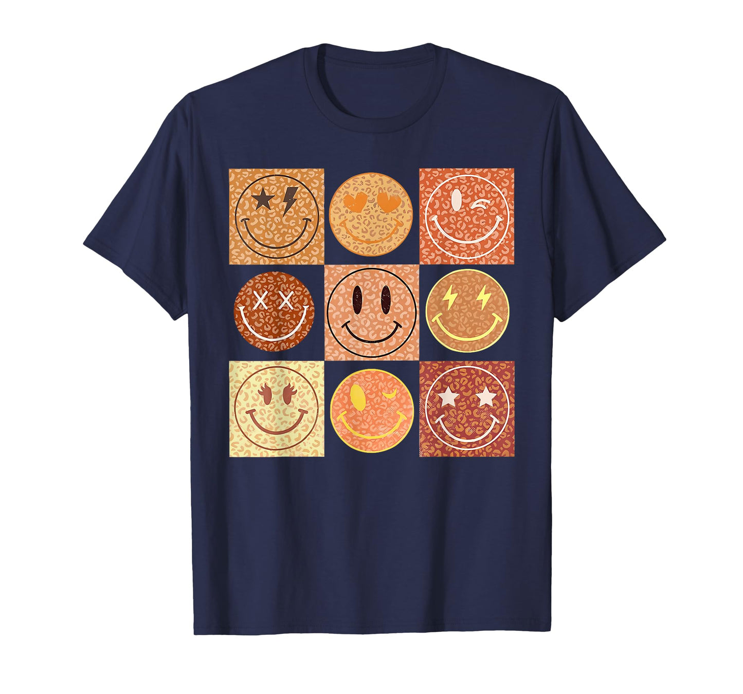 Retro Leopard Happy Face Checkered Pattern Smile Face T-Shirt