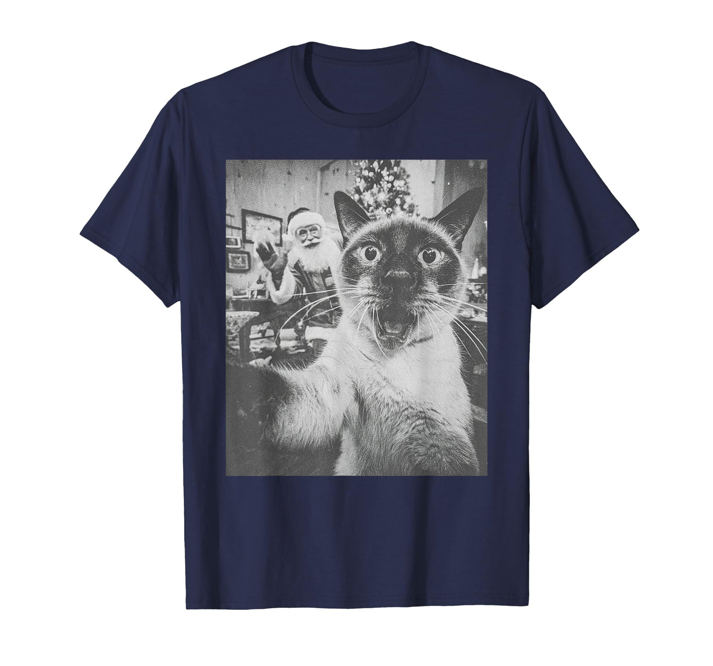 Funny AI Siamese Cat Selfie with Santa Claus Christmas Meme T-Shirt