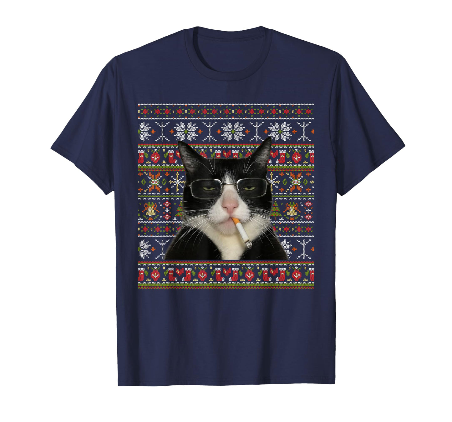 Funny Smoking Cat Meme Christmas Ugly Sweater Cat Lovers T-Shirt