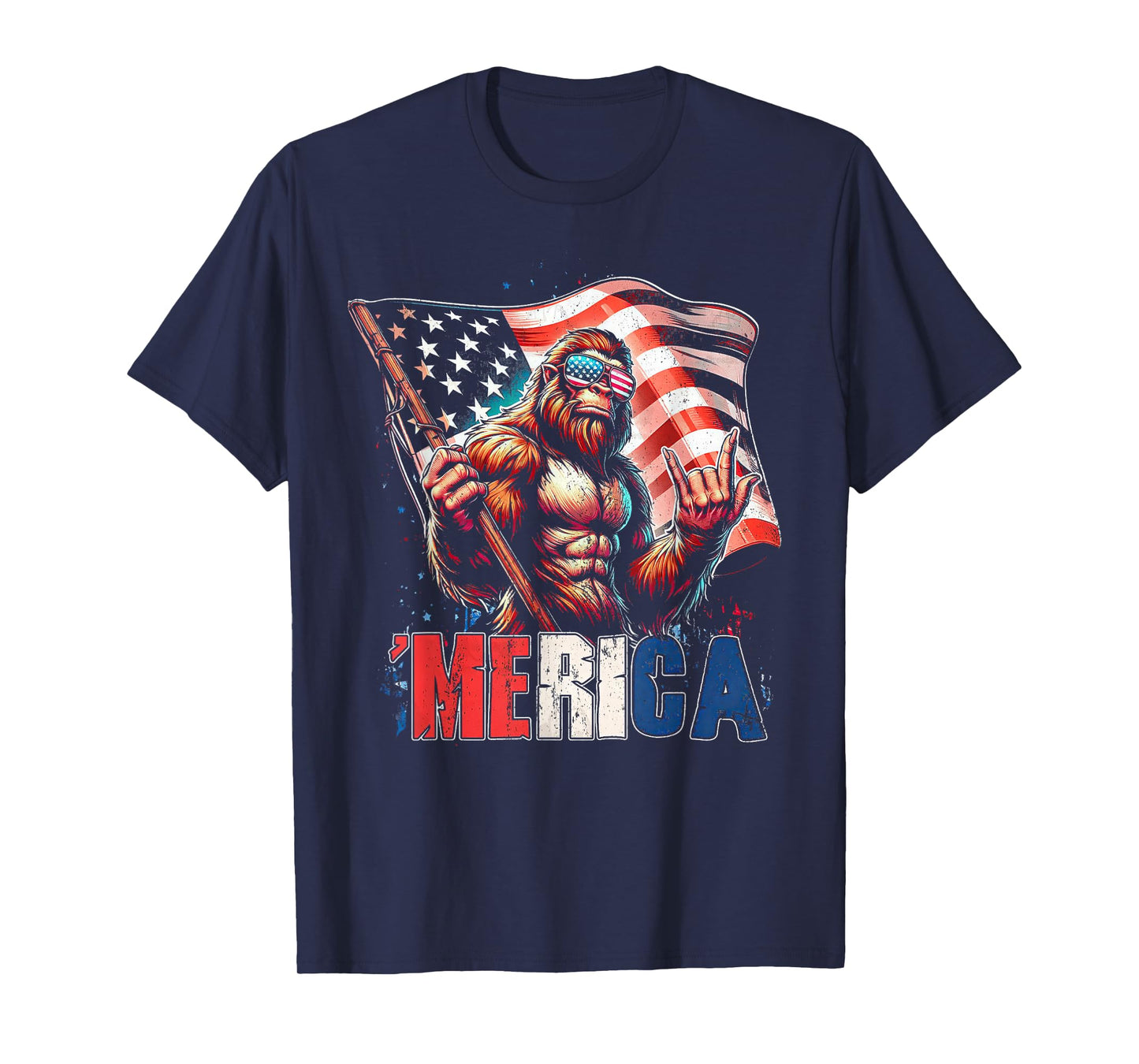 Bigfoot Merica Rock American Flag Patriotic 4th of July T-Shirt