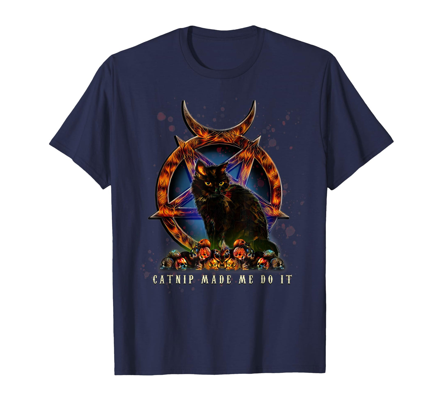 Funny catnip made me do it black cat skulls pentagram shirt T-Shirt