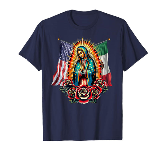 Virgen De Guadalupe Virgin Mary Mexican American Flag T-Shirt