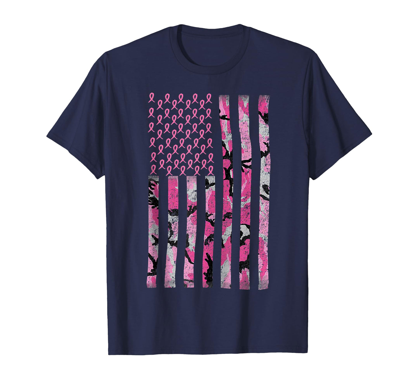 Breast Cancer Awareness Camo Pink Ribbon American Flag T-Shirt
